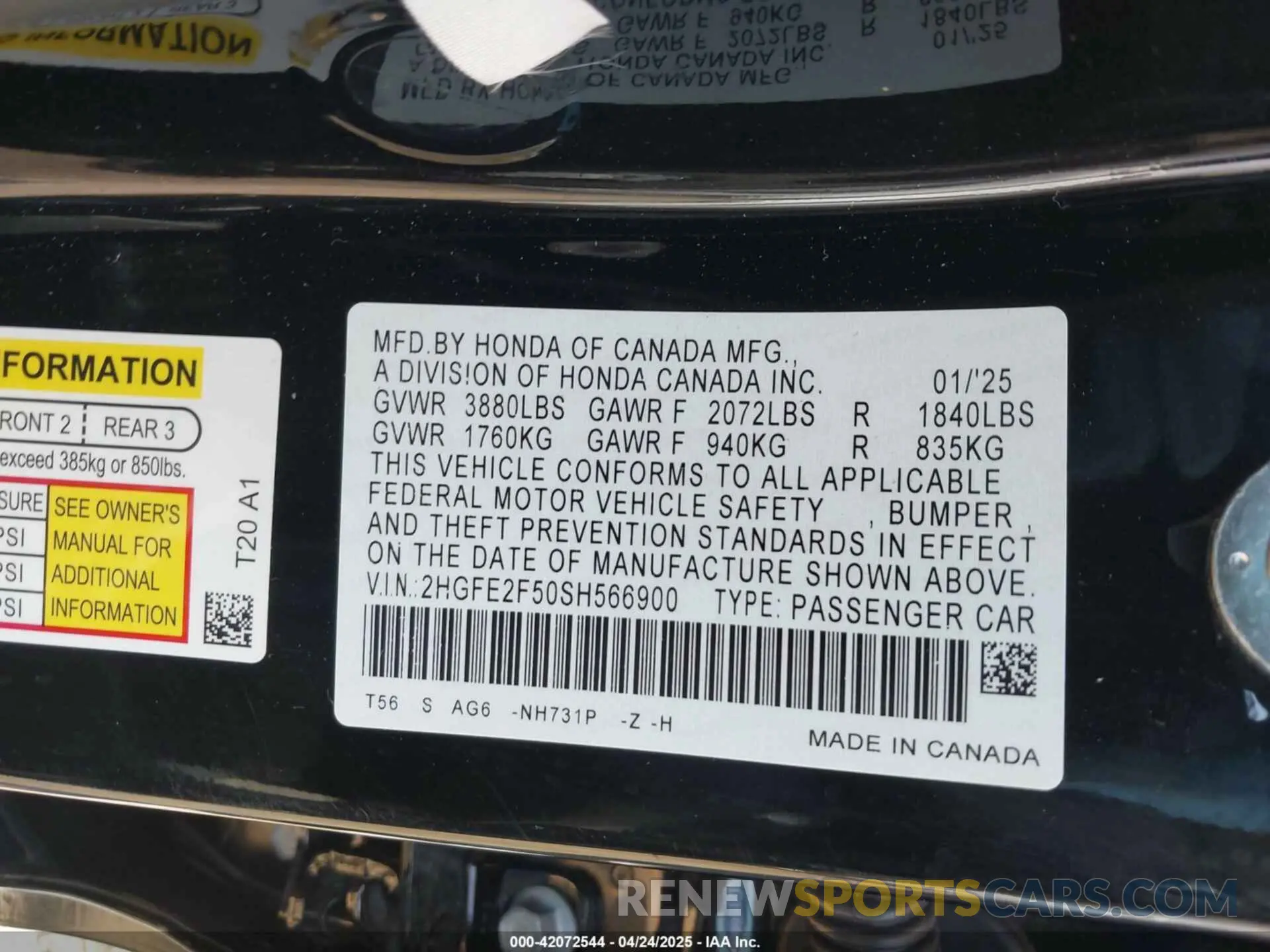 9 fotografías del automóvil dañado 2HGFE2F50SH566900 HONDA CIVIC 2025