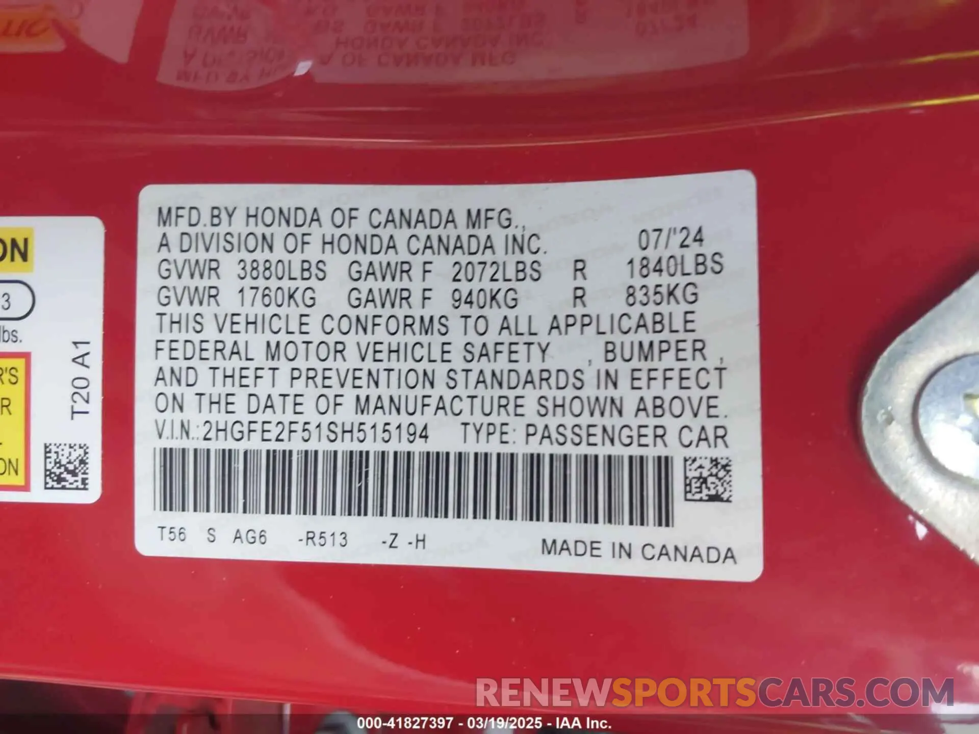9 fotografías del automóvil dañado 2HGFE2F51SH515194 HONDA CIVIC 2025