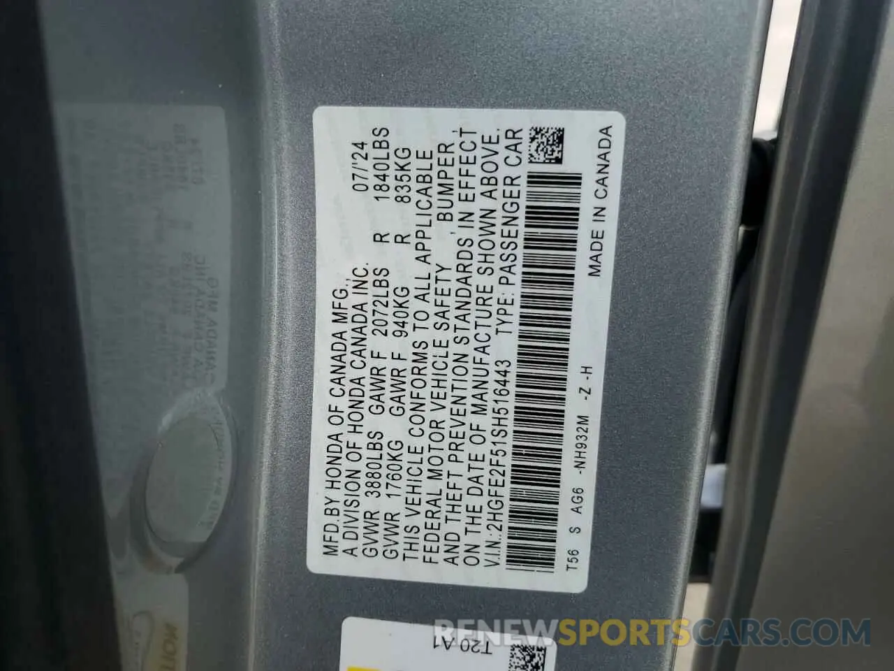 14 fotografías del automóvil dañado 2HGFE2F51SH516443 HONDA CIVIC 2025