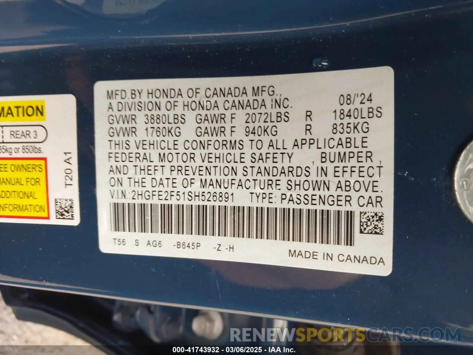 9 fotografías del automóvil dañado 2HGFE2F51SH526891 HONDA CIVIC 2025