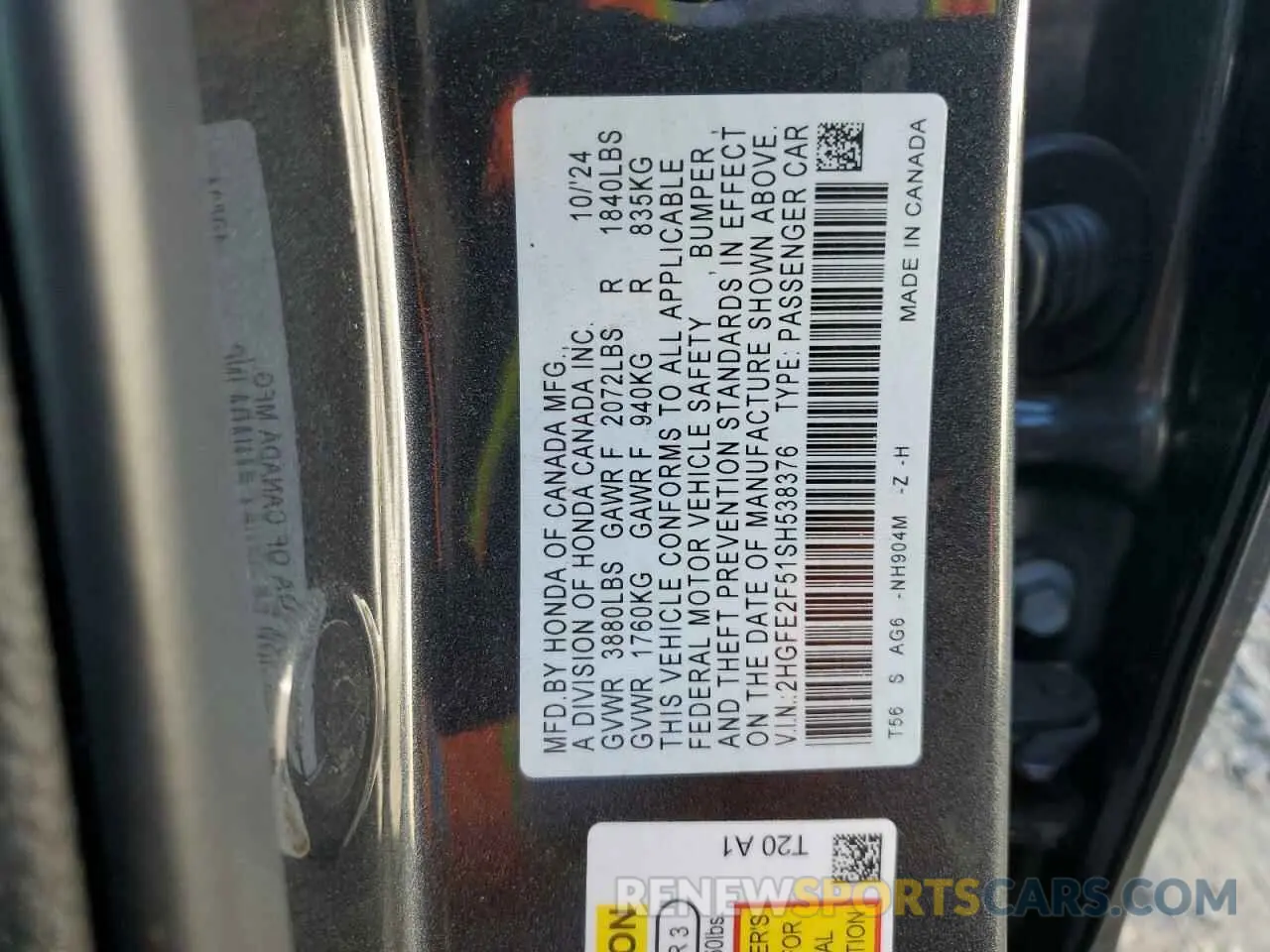 12 fotografías del automóvil dañado 2HGFE2F51SH538376 HONDA CIVIC 2025