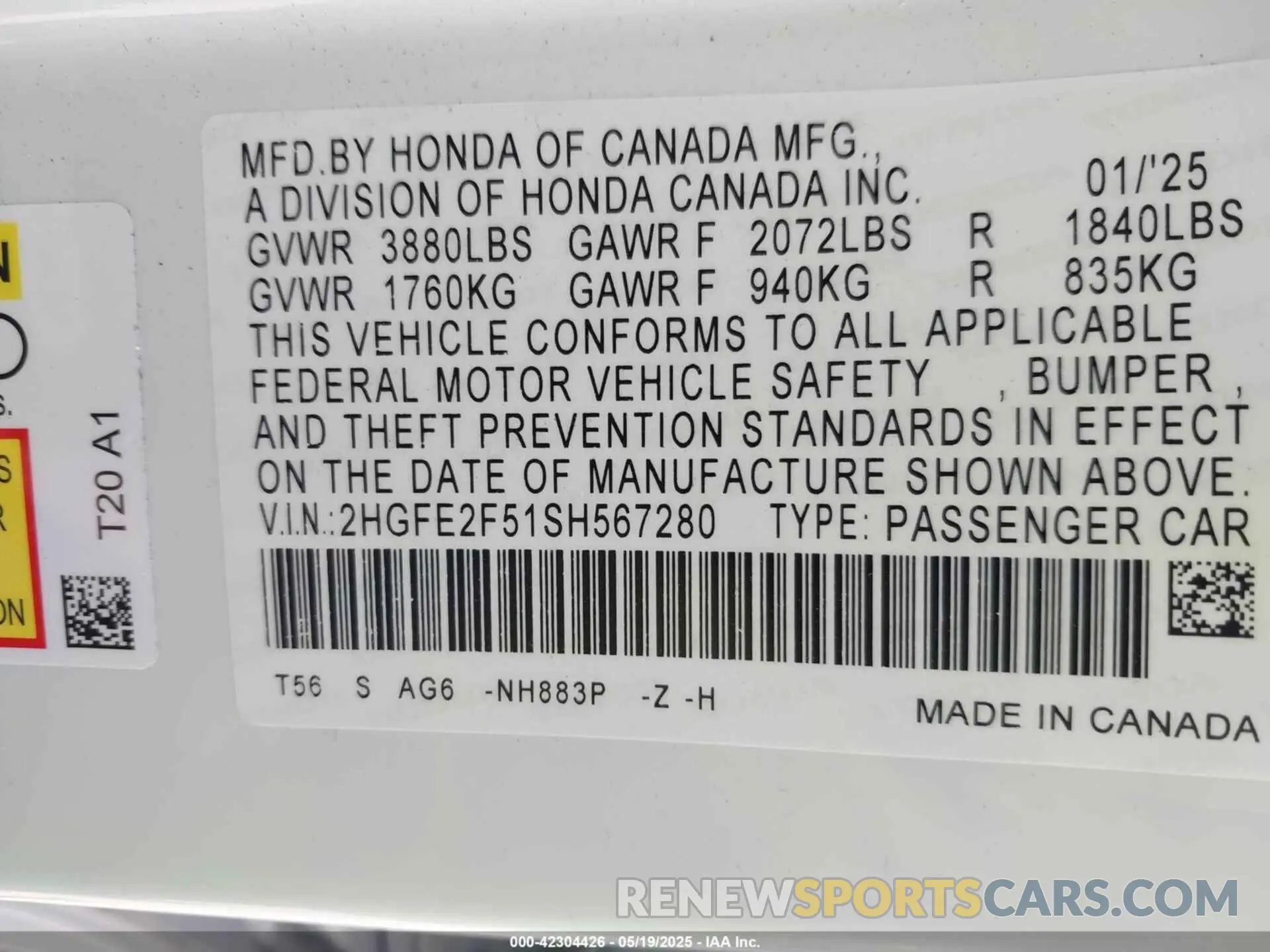 9 fotografías del automóvil dañado 2HGFE2F51SH567280 HONDA CIVIC 2025