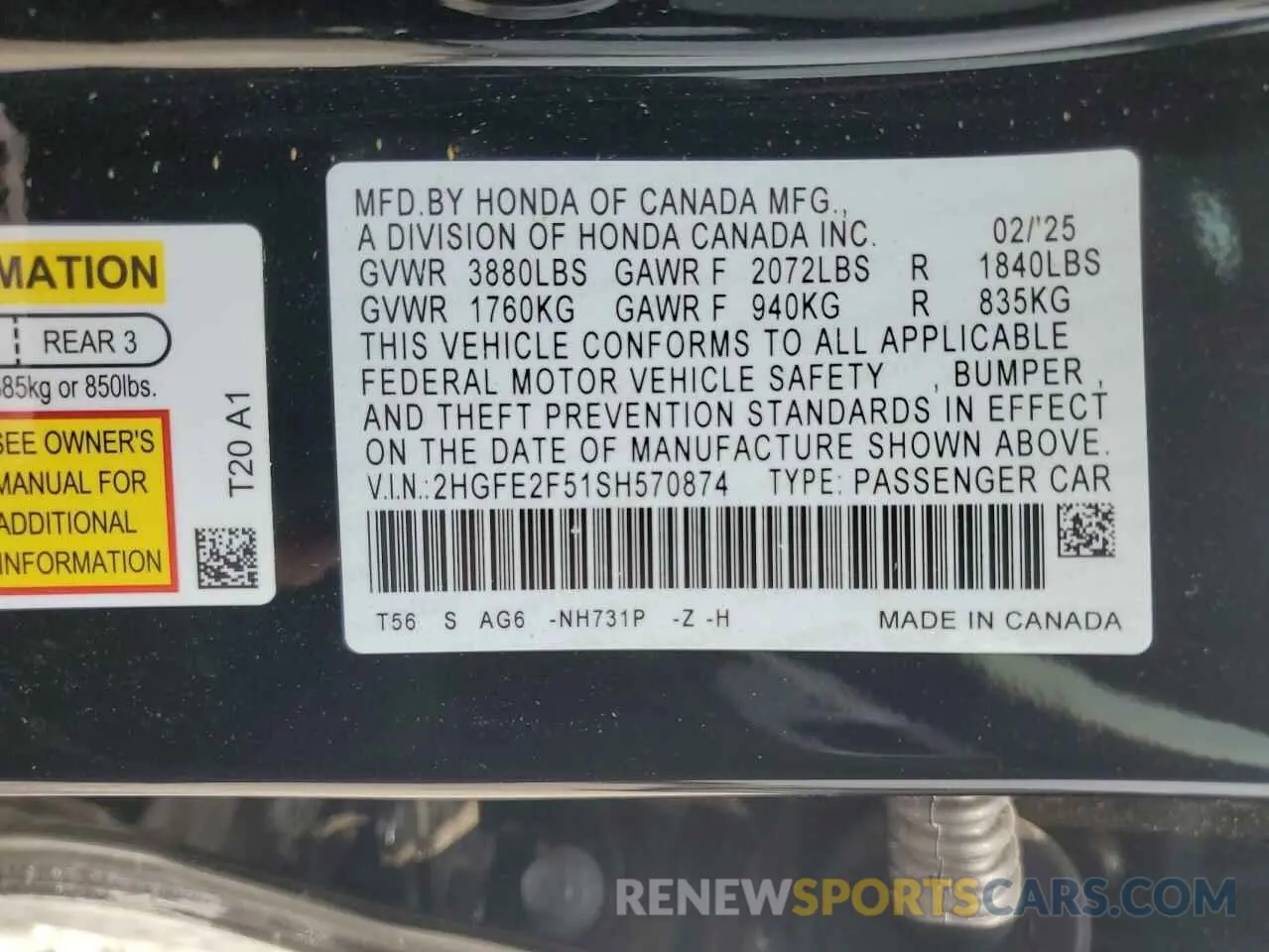 12 fotografías del automóvil dañado 2HGFE2F51SH570874 HONDA CIVIC 2025