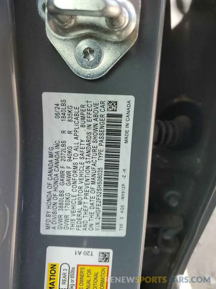 12 fotografías del automóvil dañado 2HGFE2F52SH506035 HONDA CIVIC 2025