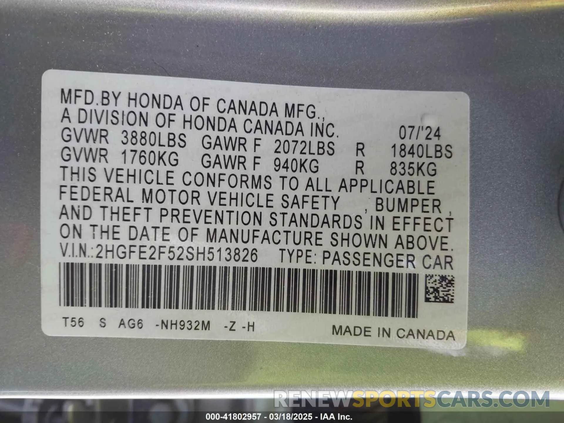 9 fotografías del automóvil dañado 2HGFE2F52SH513826 HONDA CIVIC 2025