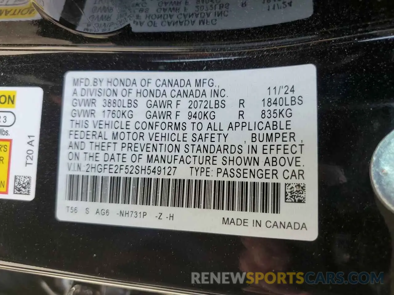 12 fotografías del automóvil dañado 2HGFE2F52SH549127 HONDA CIVIC 2025