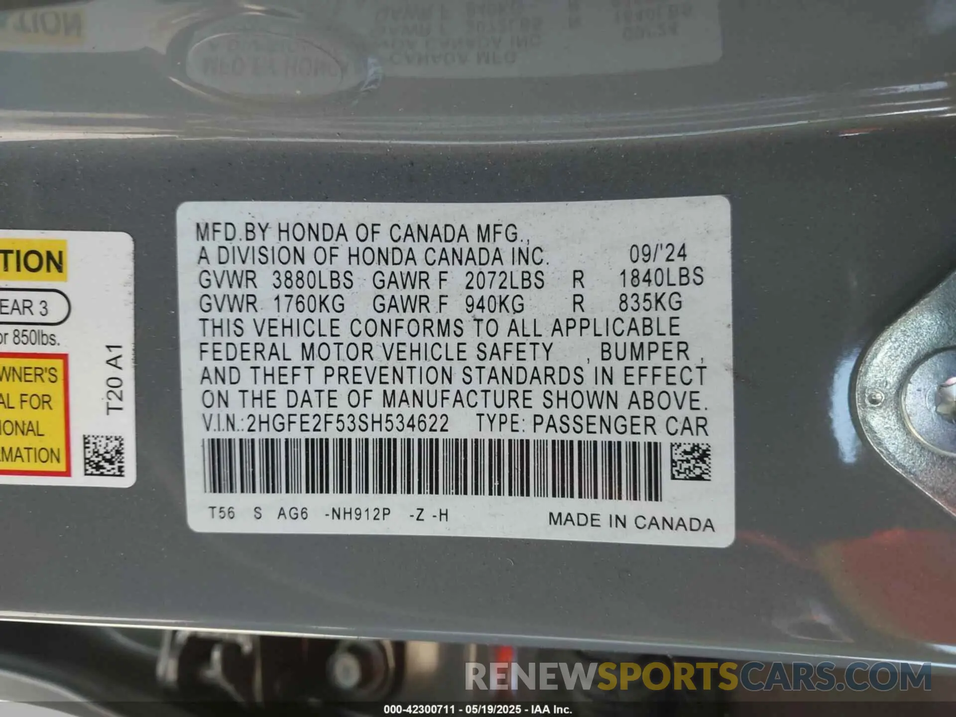 9 fotografías del automóvil dañado 2HGFE2F53SH534622 HONDA CIVIC 2025