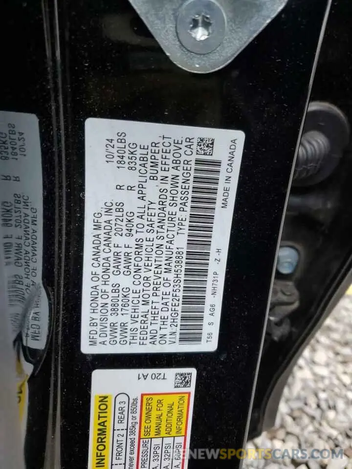 12 fotografías del automóvil dañado 2HGFE2F53SH538881 HONDA CIVIC 2025