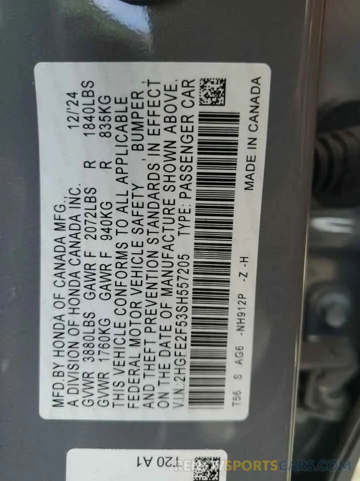 12 fotografías del automóvil dañado 2HGFE2F53SH557205 HONDA CIVIC 2025
