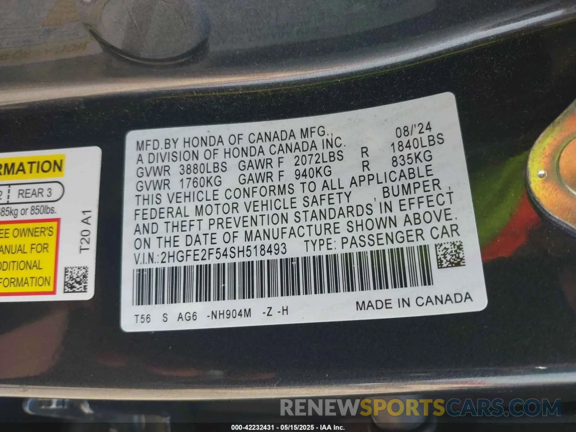 9 fotografías del automóvil dañado 2HGFE2F54SH518493 HONDA CIVIC 2025