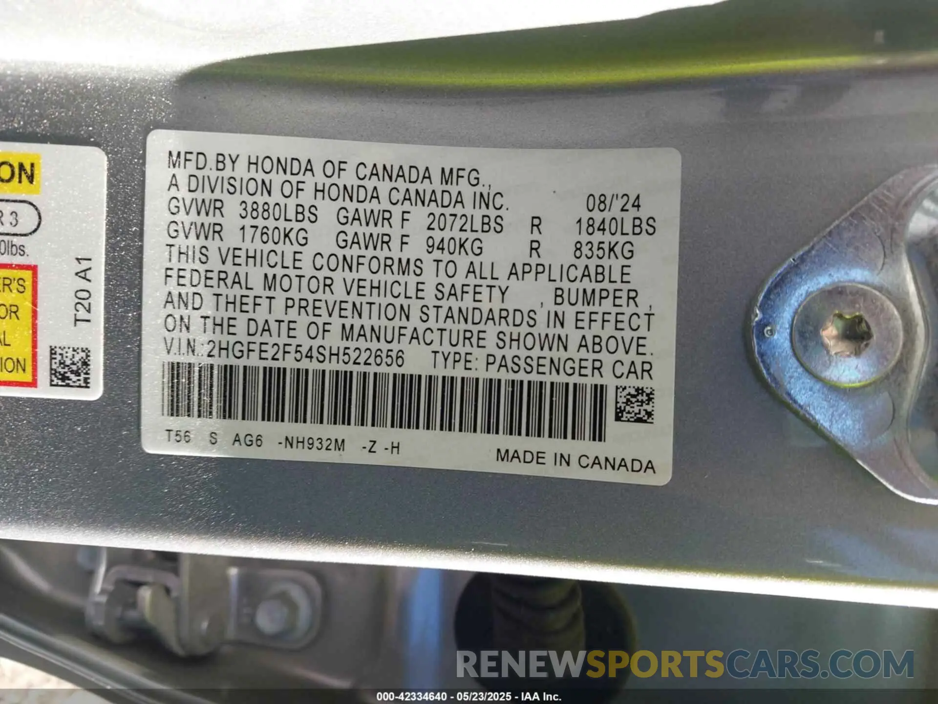 9 fotografías del automóvil dañado 2HGFE2F54SH522656 HONDA CIVIC 2025