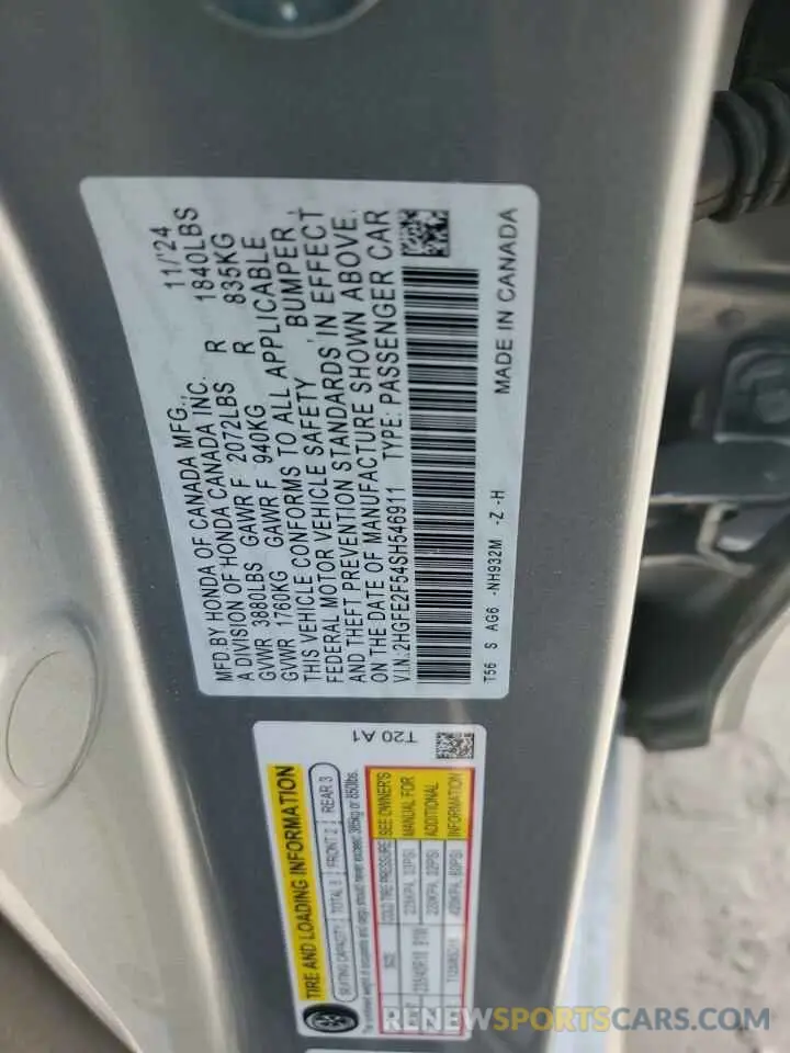 13 fotografías del automóvil dañado 2HGFE2F54SH546911 HONDA CIVIC 2025