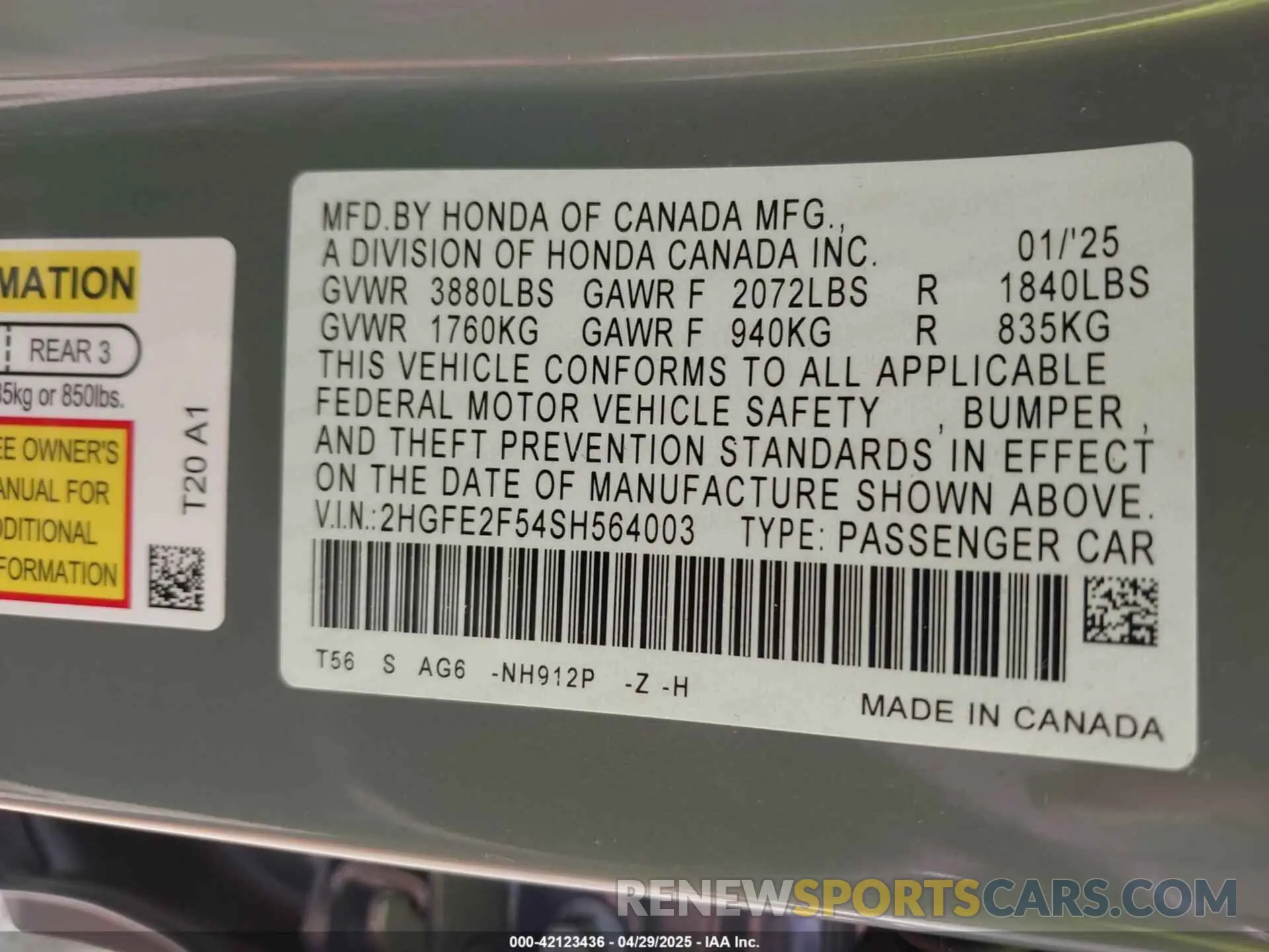 9 fotografías del automóvil dañado 2HGFE2F54SH564003 HONDA CIVIC 2025