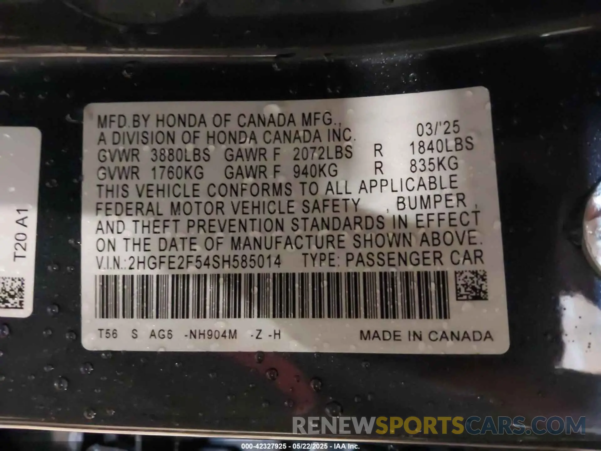9 fotografías del automóvil dañado 2HGFE2F54SH585014 HONDA CIVIC 2025