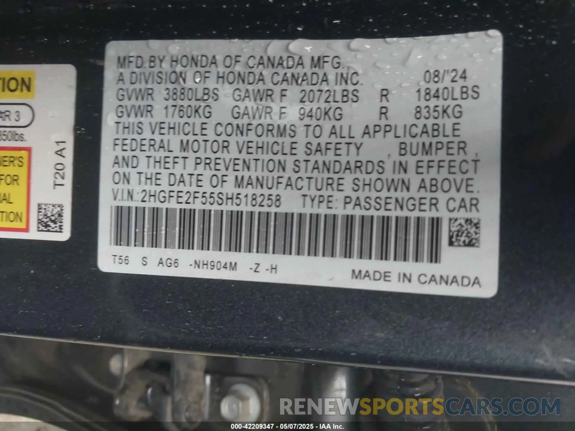 9 fotografías del automóvil dañado 2HGFE2F55SH518258 HONDA CIVIC 2025