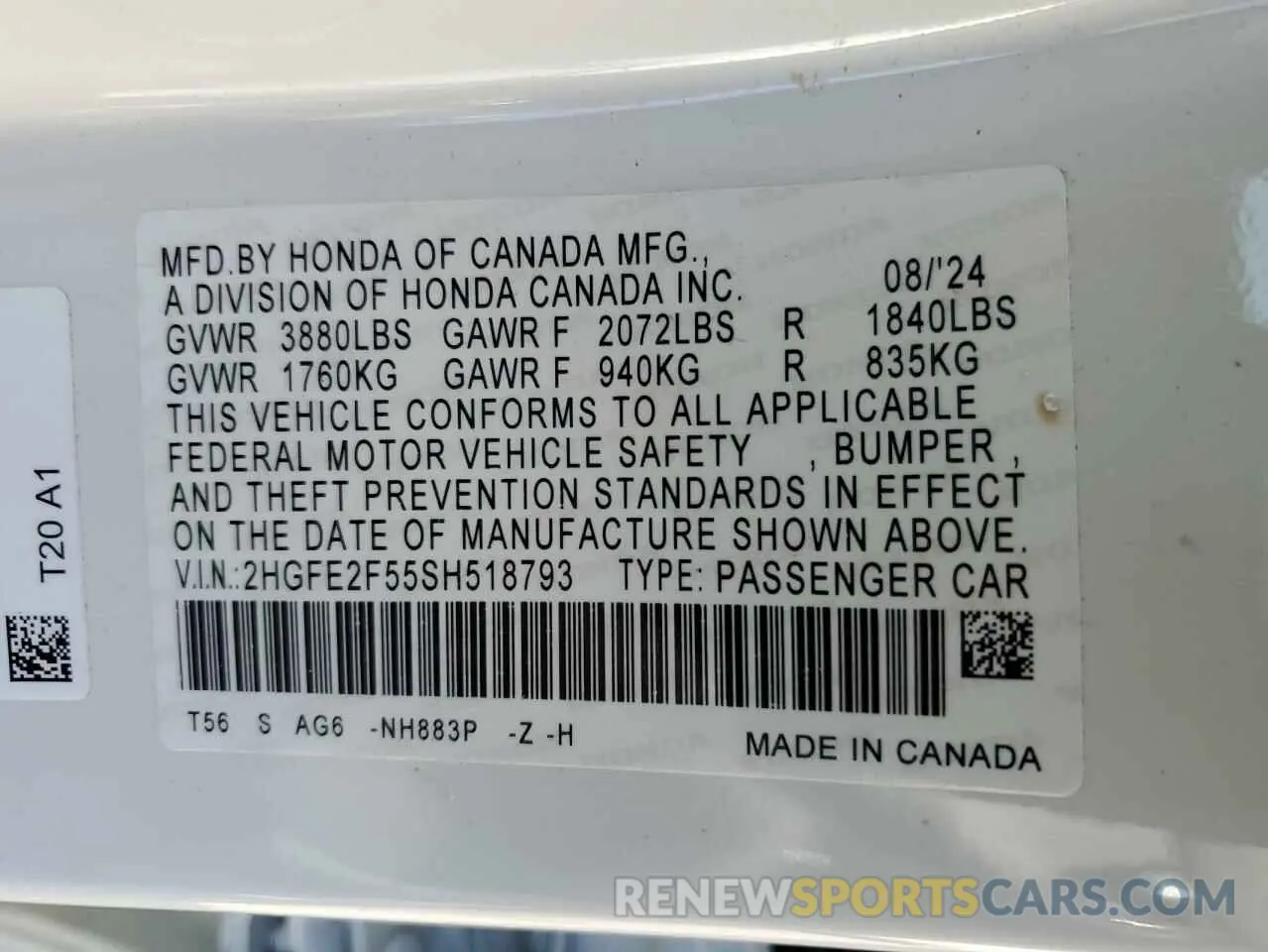 14 fotografías del automóvil dañado 2HGFE2F55SH518793 HONDA CIVIC 2025