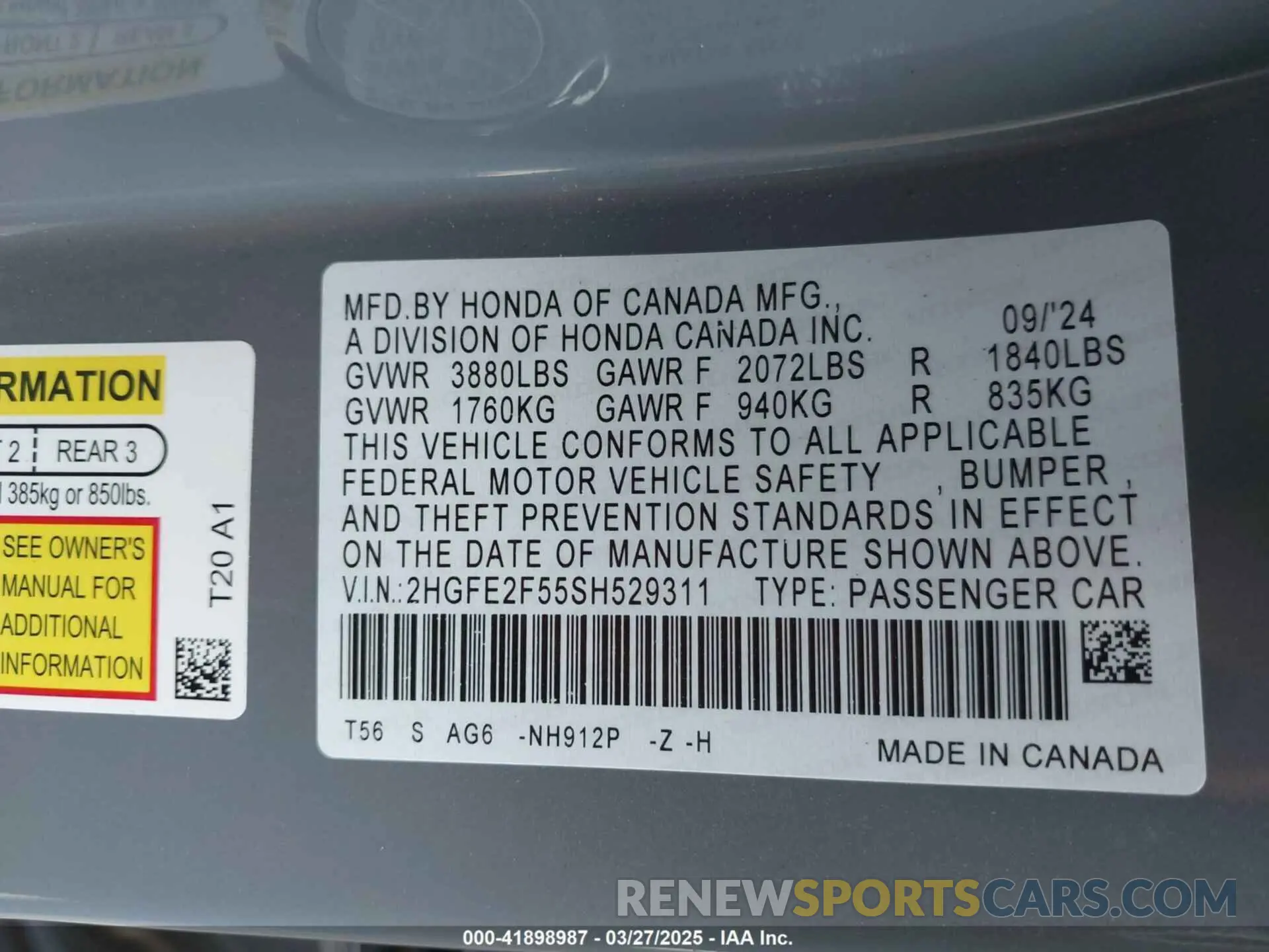 9 fotografías del automóvil dañado 2HGFE2F55SH529311 HONDA CIVIC 2025