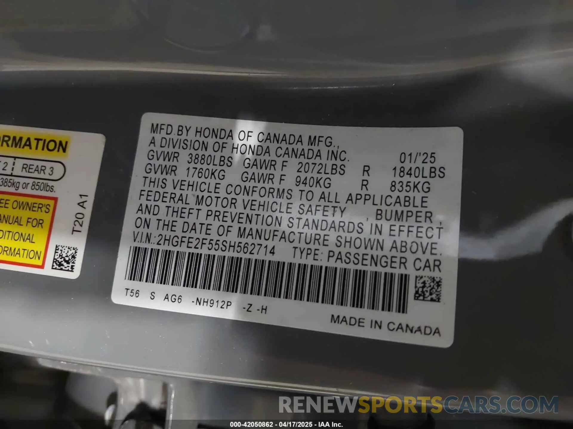 9 fotografías del automóvil dañado 2HGFE2F55SH562714 HONDA CIVIC 2025