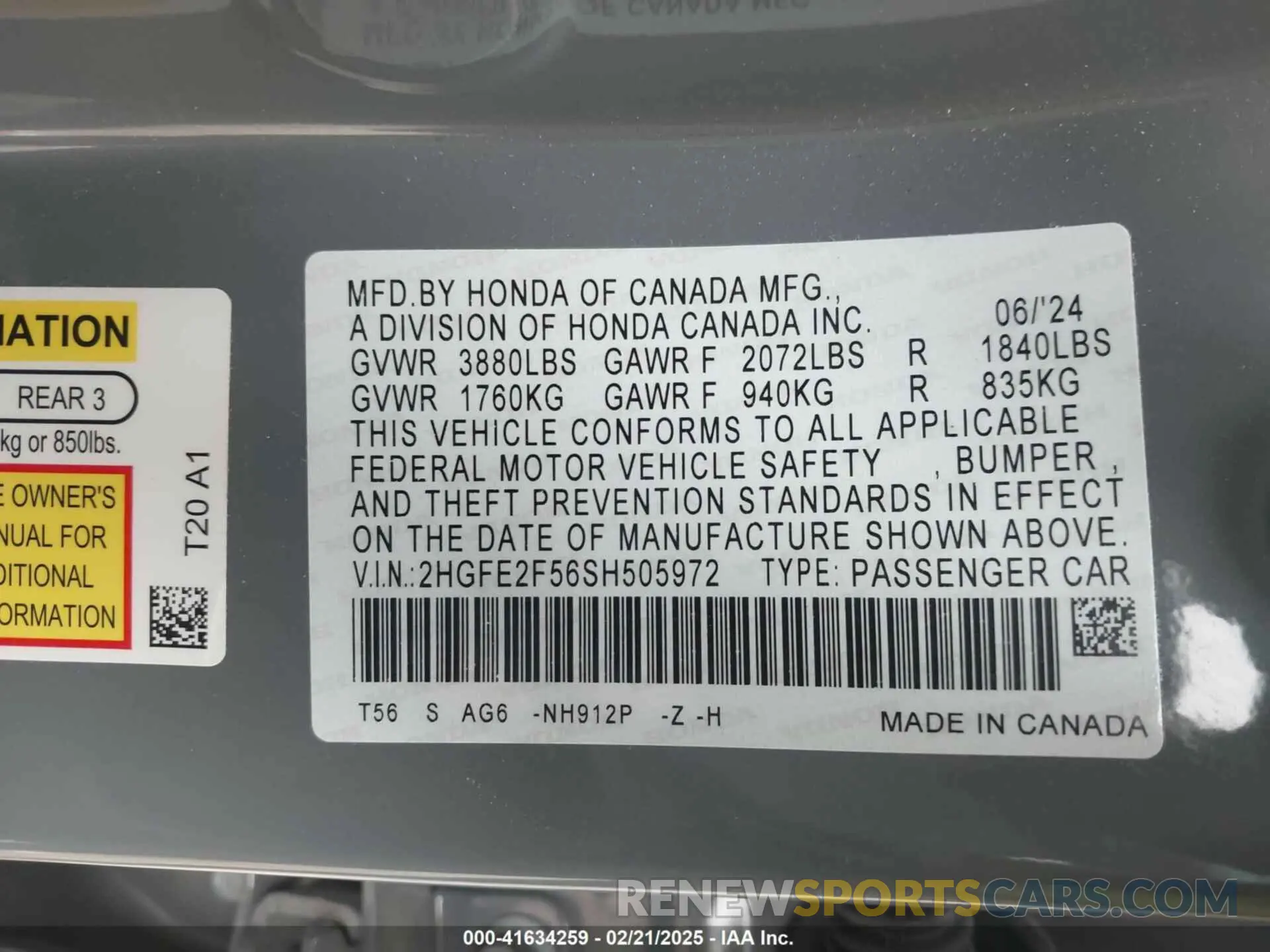 9 fotografías del automóvil dañado 2HGFE2F56SH505972 HONDA CIVIC 2025