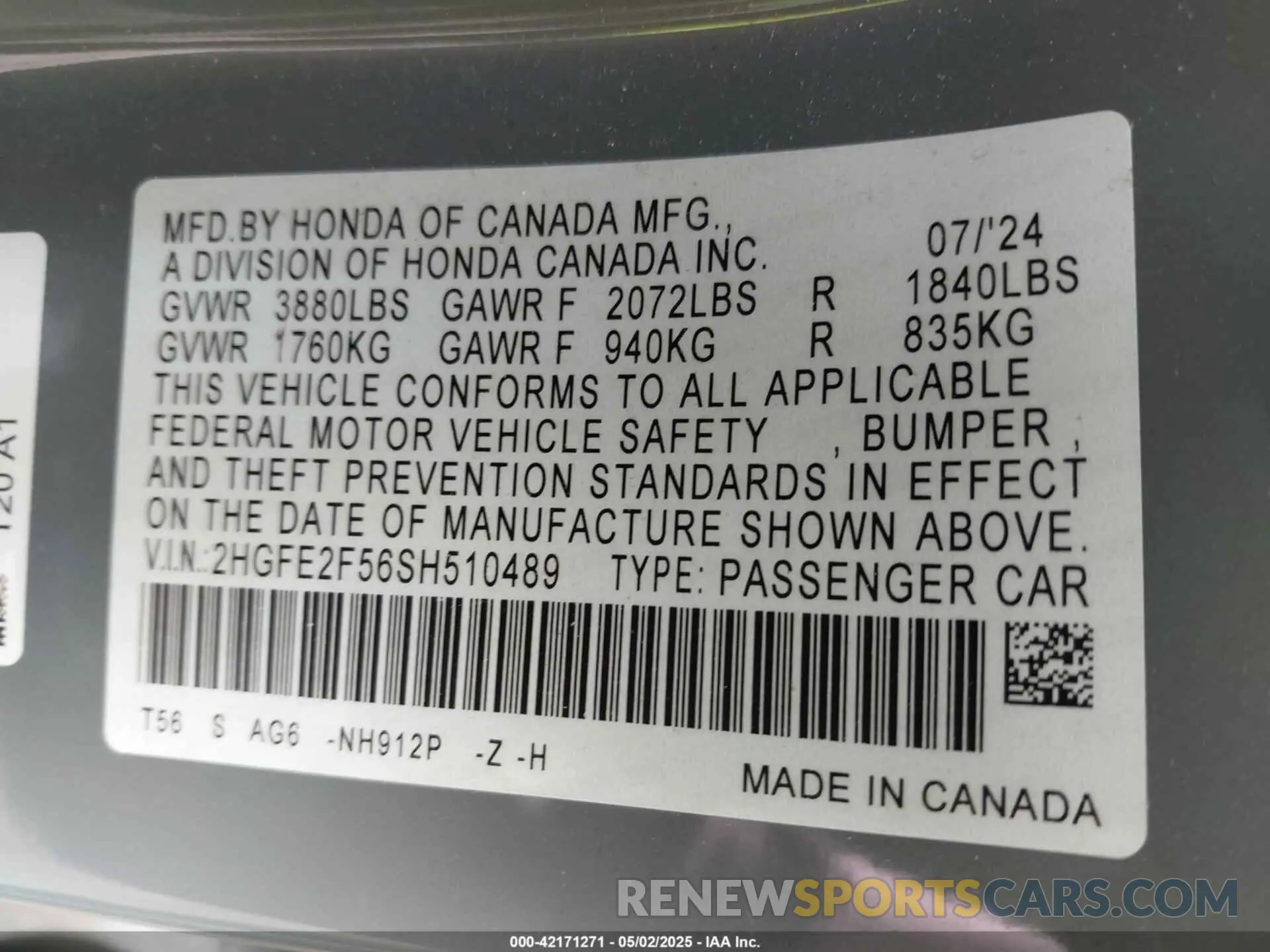 9 fotografías del automóvil dañado 2HGFE2F56SH510489 HONDA CIVIC 2025