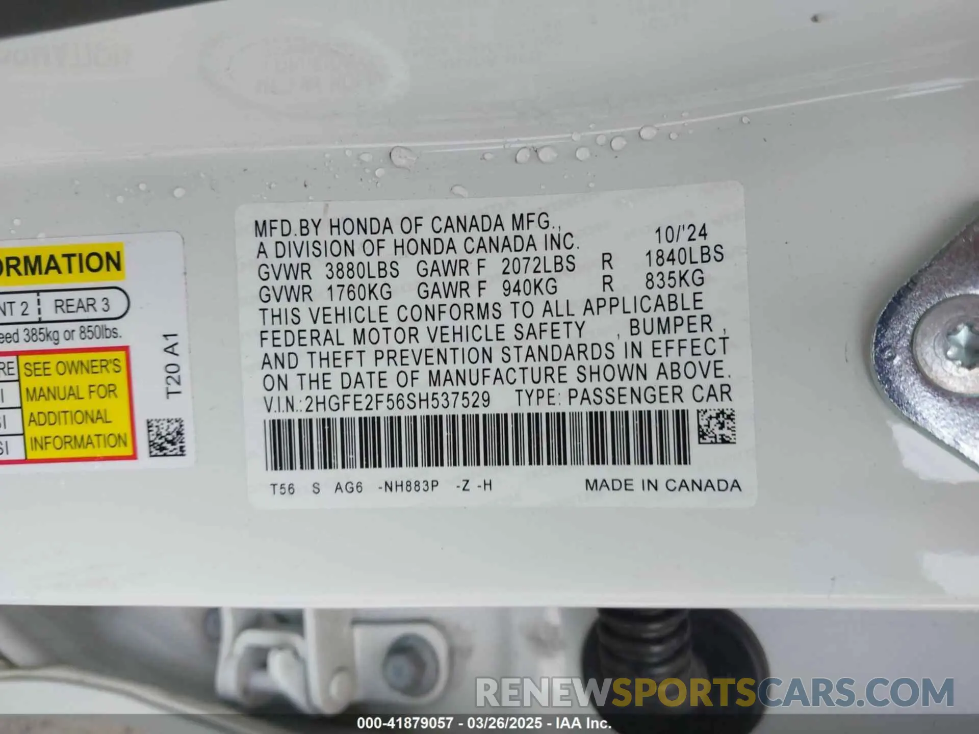 9 fotografías del automóvil dañado 2HGFE2F56SH537529 HONDA CIVIC 2025