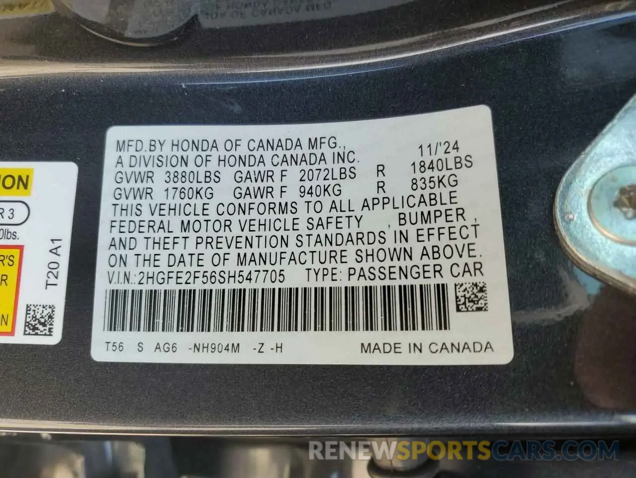 12 fotografías del automóvil dañado 2HGFE2F56SH547705 HONDA CIVIC 2025