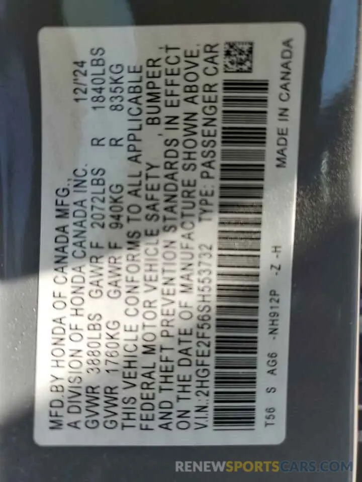 12 fotografías del automóvil dañado 2HGFE2F56SH553732 HONDA CIVIC 2025