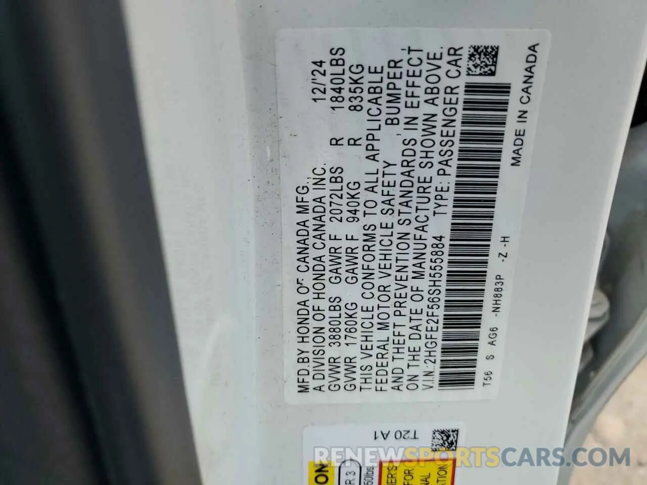12 fotografías del automóvil dañado 2HGFE2F56SH555884 HONDA CIVIC 2025