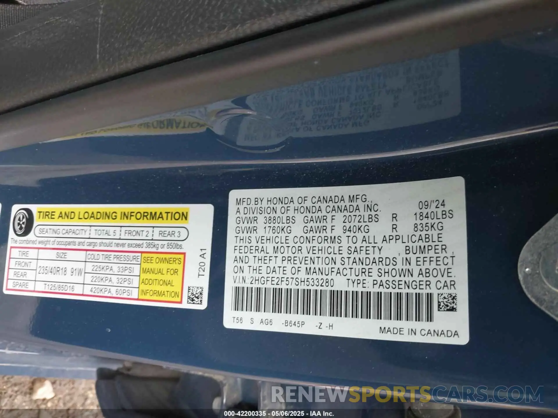 9 fotografías del automóvil dañado 2HGFE2F57SH533280 HONDA CIVIC 2025