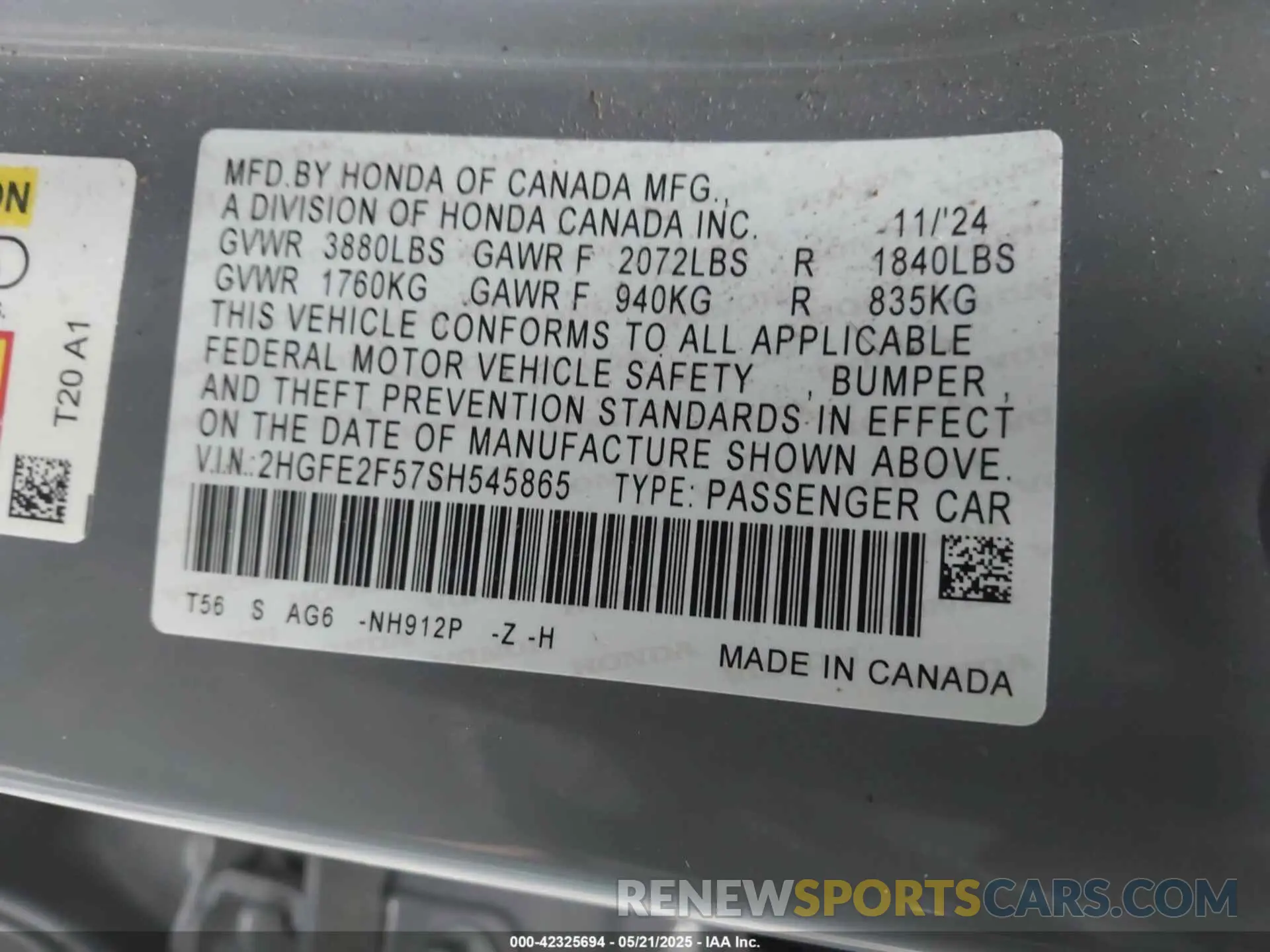 9 fotografías del automóvil dañado 2HGFE2F57SH545865 HONDA CIVIC 2025