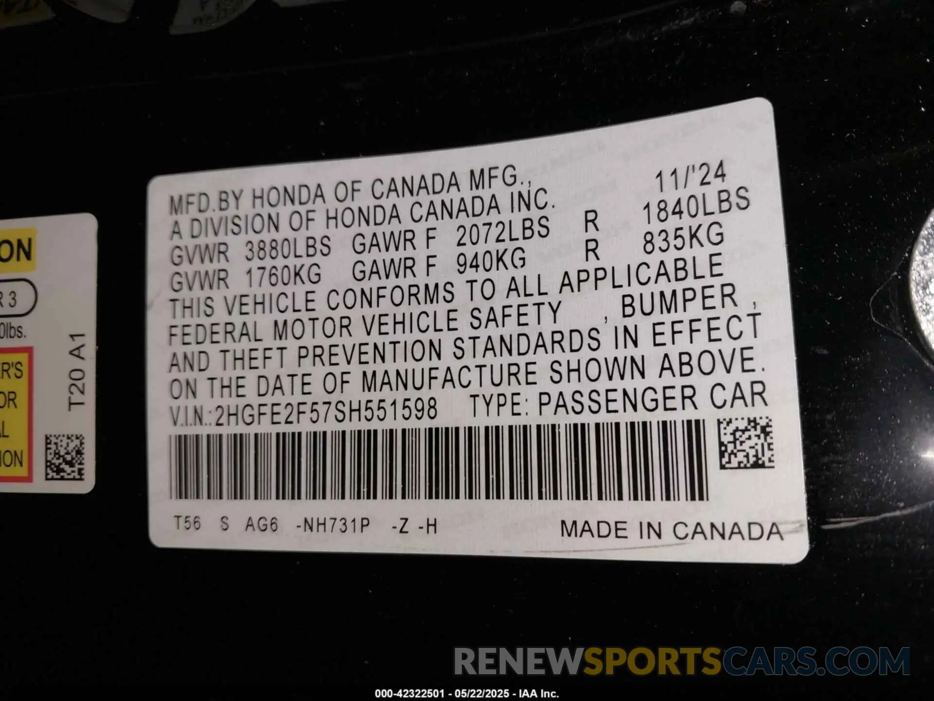 9 fotografías del automóvil dañado 2HGFE2F57SH551598 HONDA CIVIC 2025
