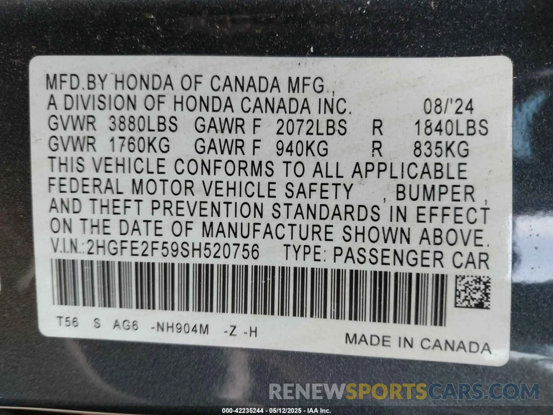 9 fotografías del automóvil dañado 2HGFE2F59SH520756 HONDA CIVIC 2025