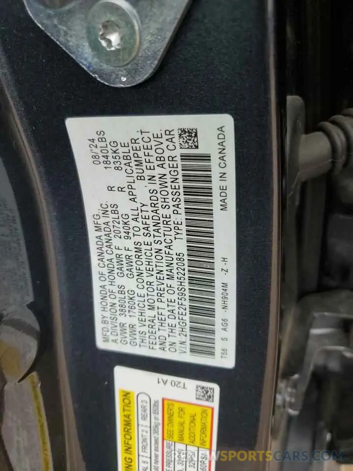 12 fotografías del automóvil dañado 2HGFE2F59SH522085 HONDA CIVIC 2025
