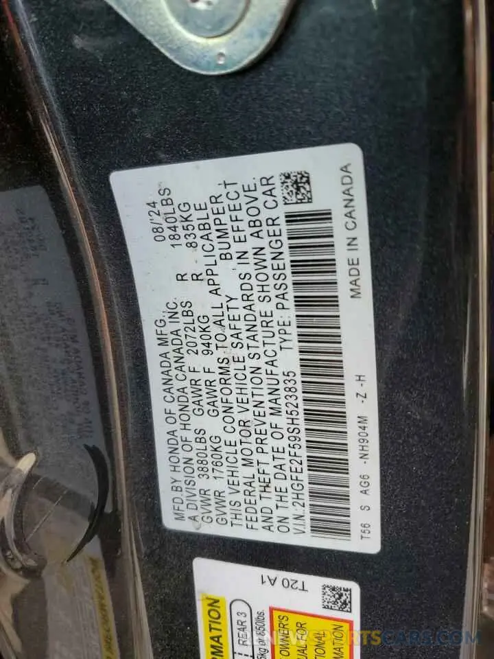 12 fotografías del automóvil dañado 2HGFE2F59SH523835 HONDA CIVIC 2025
