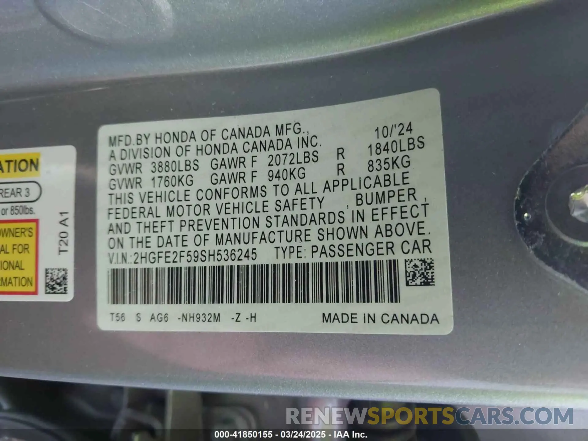 9 fotografías del automóvil dañado 2HGFE2F59SH536245 HONDA CIVIC 2025