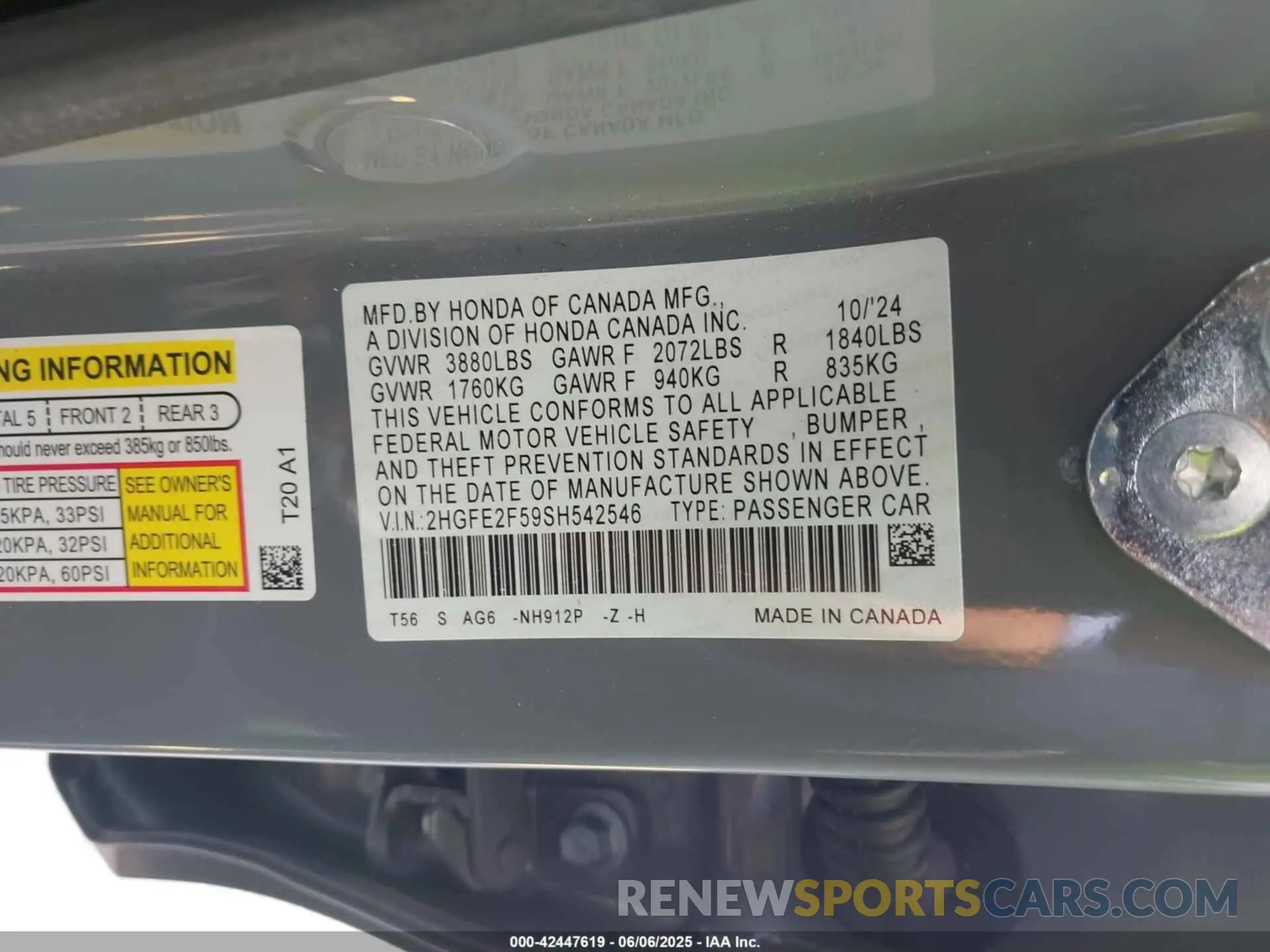9 fotografías del automóvil dañado 2HGFE2F59SH542546 HONDA CIVIC 2025