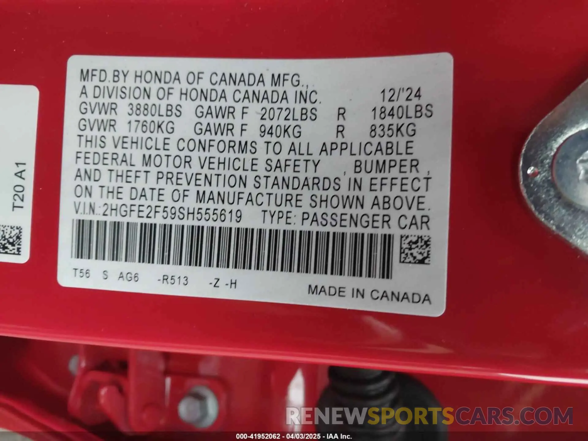 9 fotografías del automóvil dañado 2HGFE2F59SH555619 HONDA CIVIC 2025