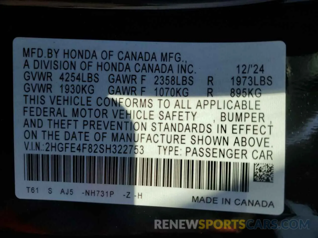 13 fotografías del automóvil dañado 2HGFE4F82SH322753 HONDA CIVIC 2025