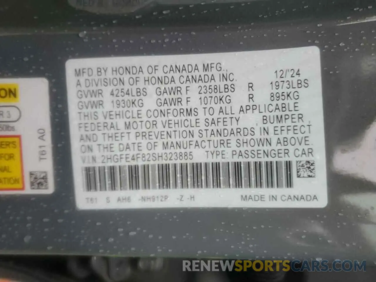 12 fotografías del automóvil dañado 2HGFE4F82SH323885 HONDA CIVIC 2025