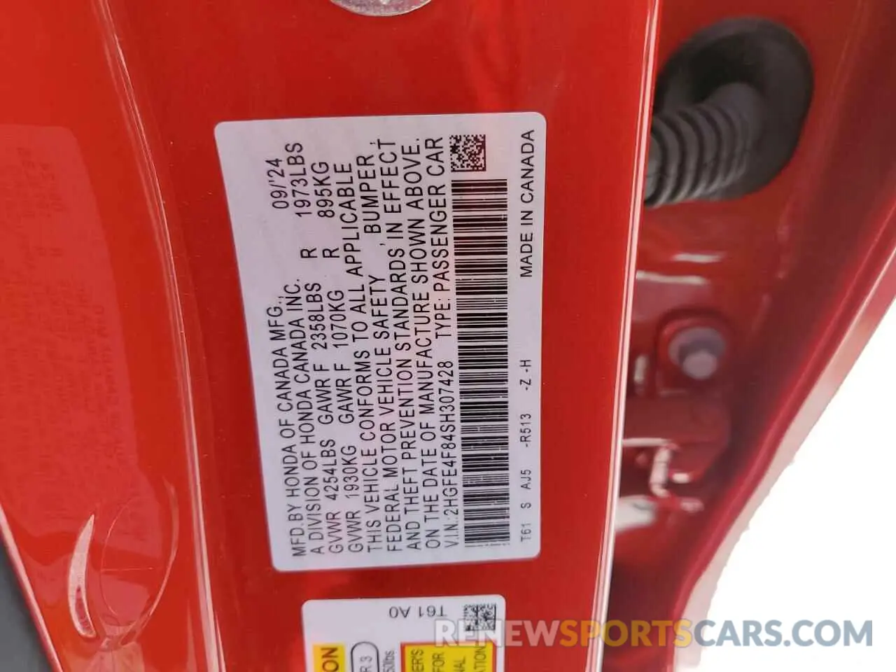 12 fotografías del automóvil dañado 2HGFE4F84SH307428 HONDA CIVIC 2025