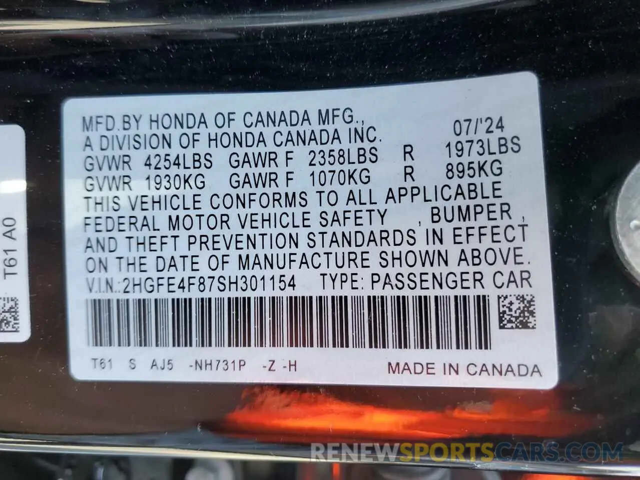 12 fotografías del automóvil dañado 2HGFE4F87SH301154 HONDA CIVIC 2025