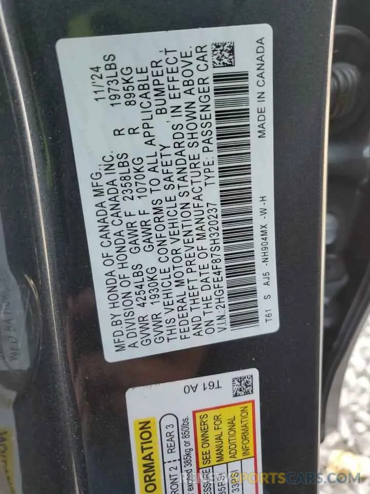 12 fotografías del automóvil dañado 2HGFE4F87SH320237 HONDA CIVIC 2025