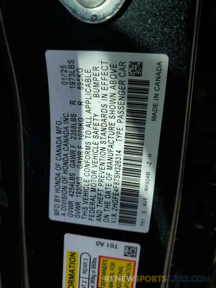 12 fotografías del automóvil dañado 2HGFE4F87SH326314 HONDA CIVIC 2025