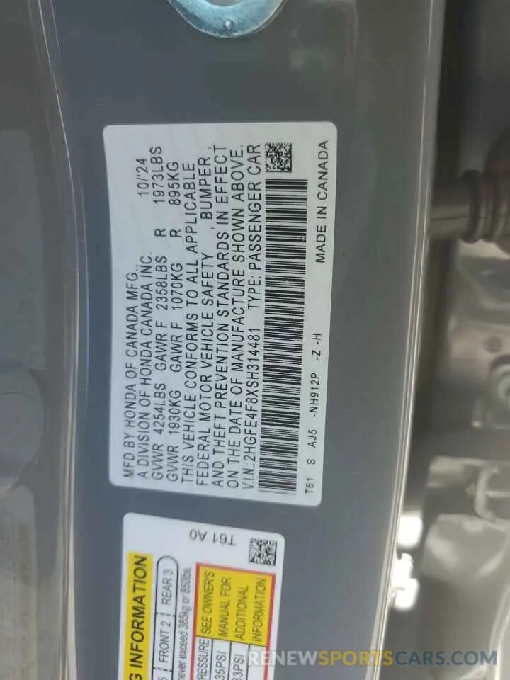 12 fotografías del automóvil dañado 2HGFE4F8XSH314481 HONDA CIVIC 2025