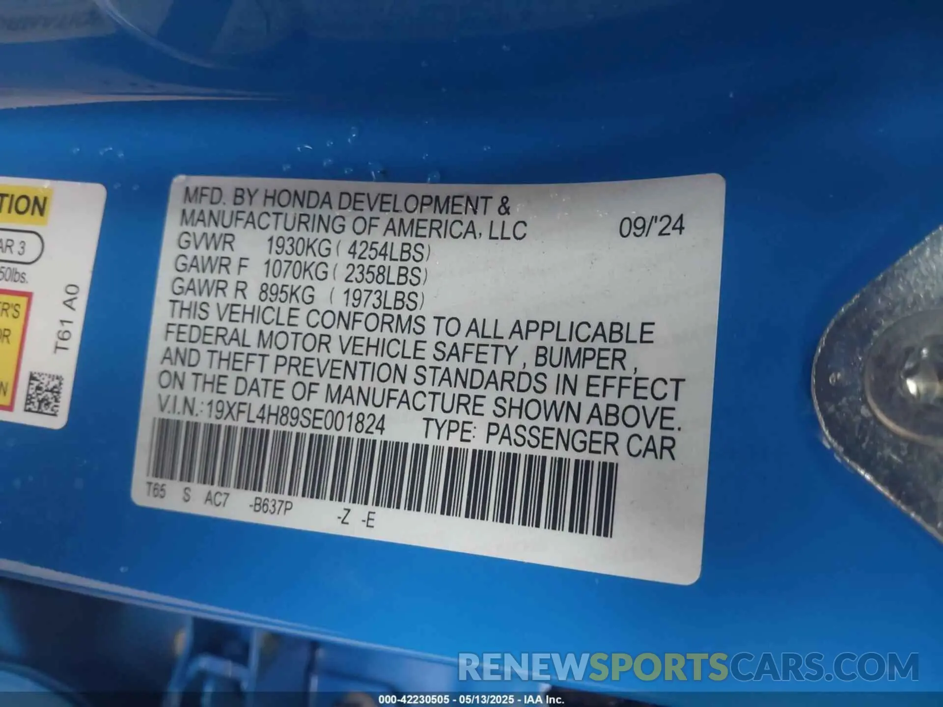9 fotografías del automóvil dañado 19XFL4H89SE001824 HONDA CIVIC HYBRID 2025