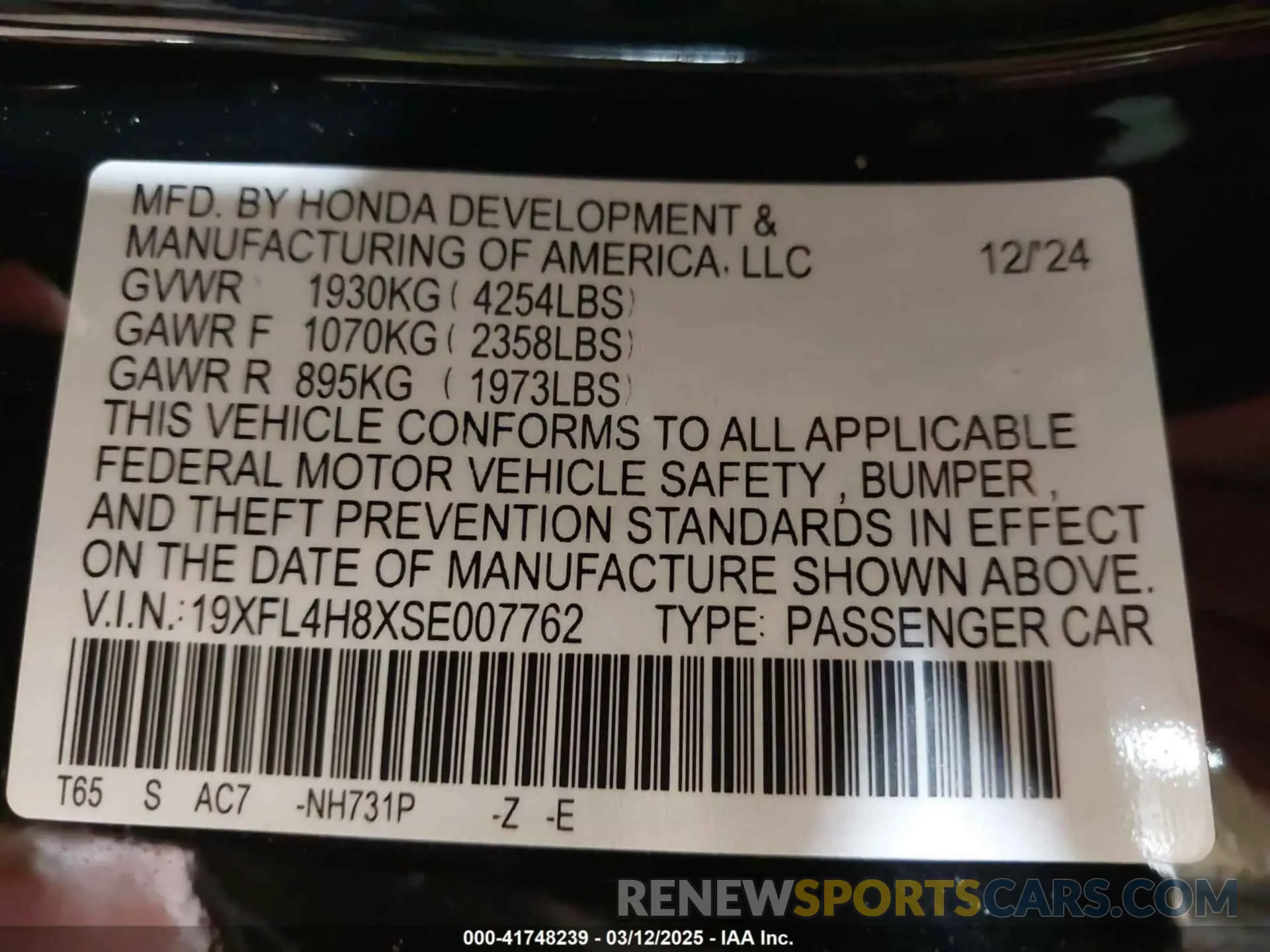 9 fotografías del automóvil dañado 19XFL4H8XSE007762 HONDA CIVIC  HYBRID 2025