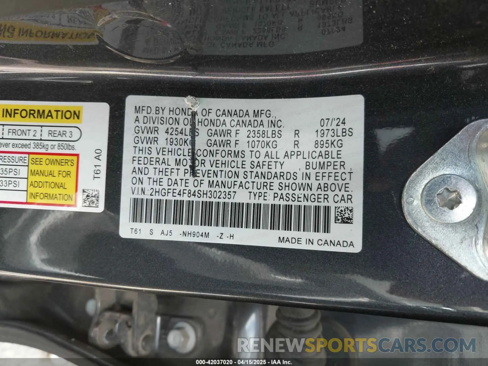 9 fotografías del automóvil dañado 2HGFE4F84SH302357 HONDA CIVIC  HYBRID 2025