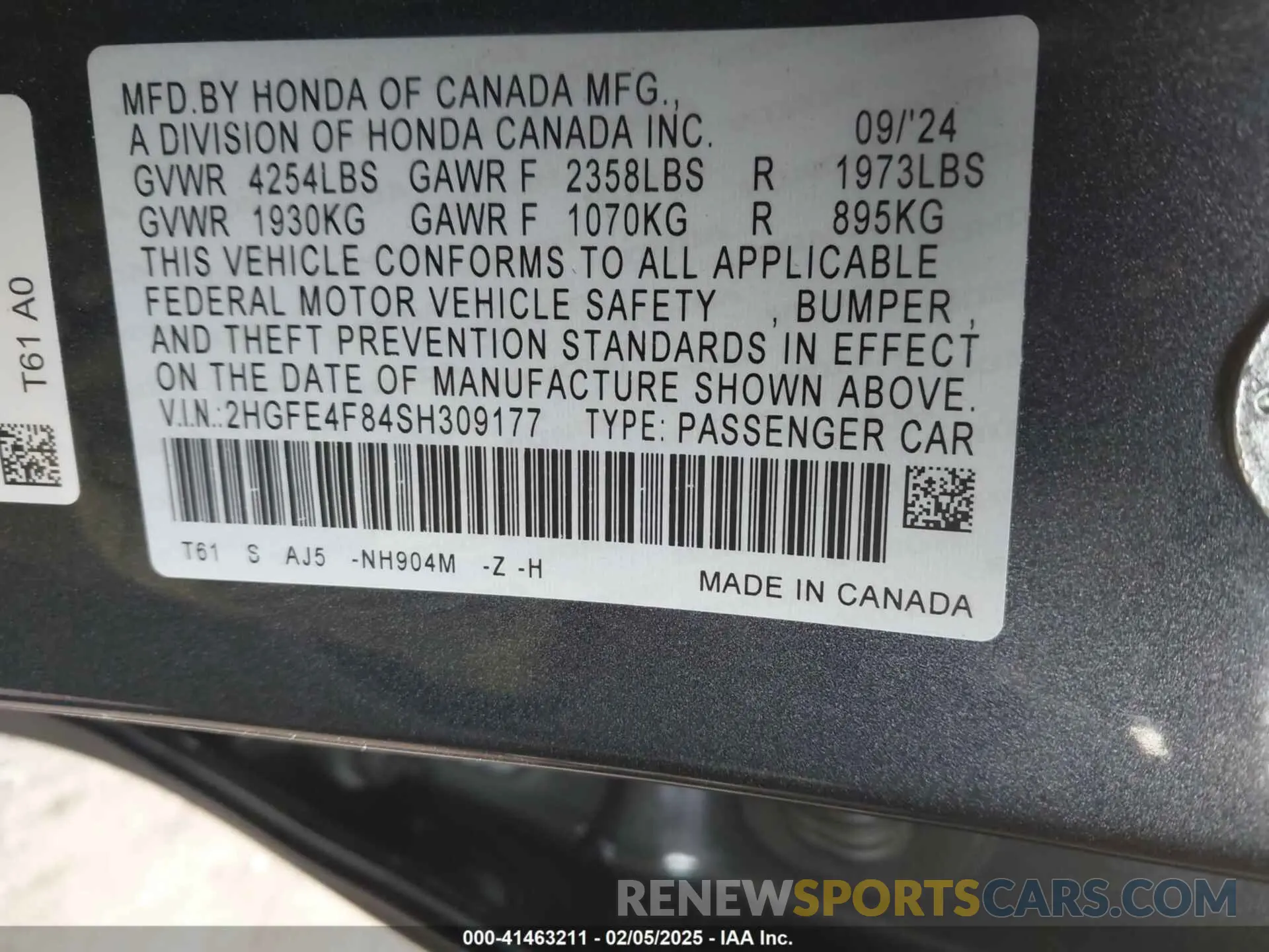 9 fotografías del automóvil dañado 2HGFE4F84SH309177 HONDA CIVIC  HYBRID 2025
