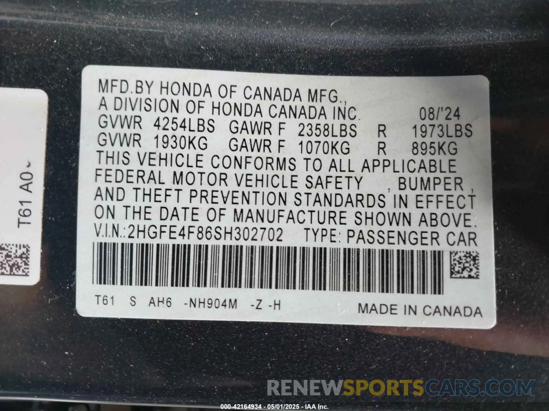 9 fotografías del automóvil dañado 2HGFE4F86SH302702 HONDA CIVIC  HYBRID 2025