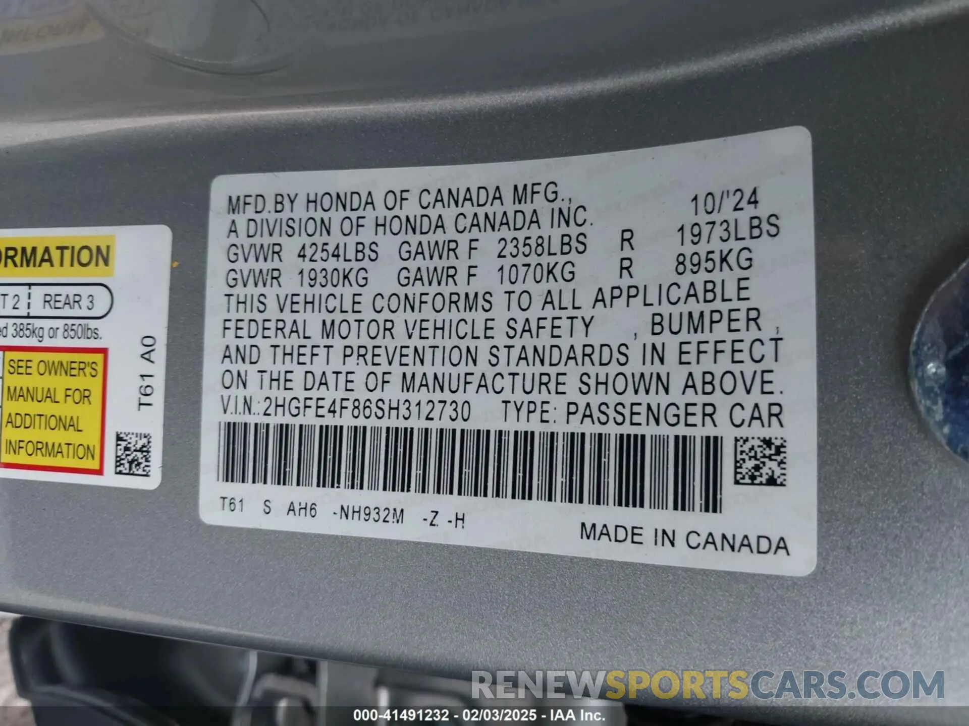 9 fotografías del automóvil dañado 2HGFE4F86SH312730 HONDA CIVIC  HYBRID 2025